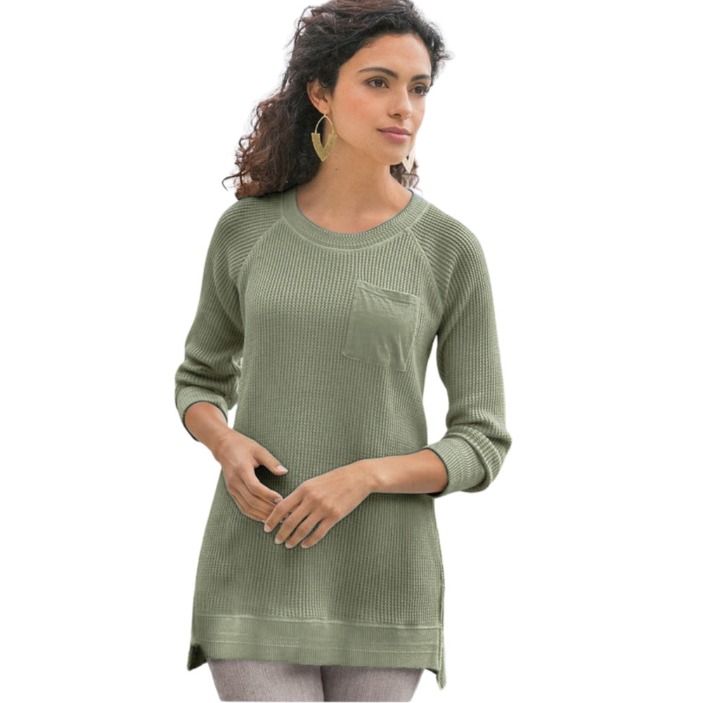 Soft Surroundings Autumn Waffle Knit Long Sleeve Casual Top Green Medium Cotton